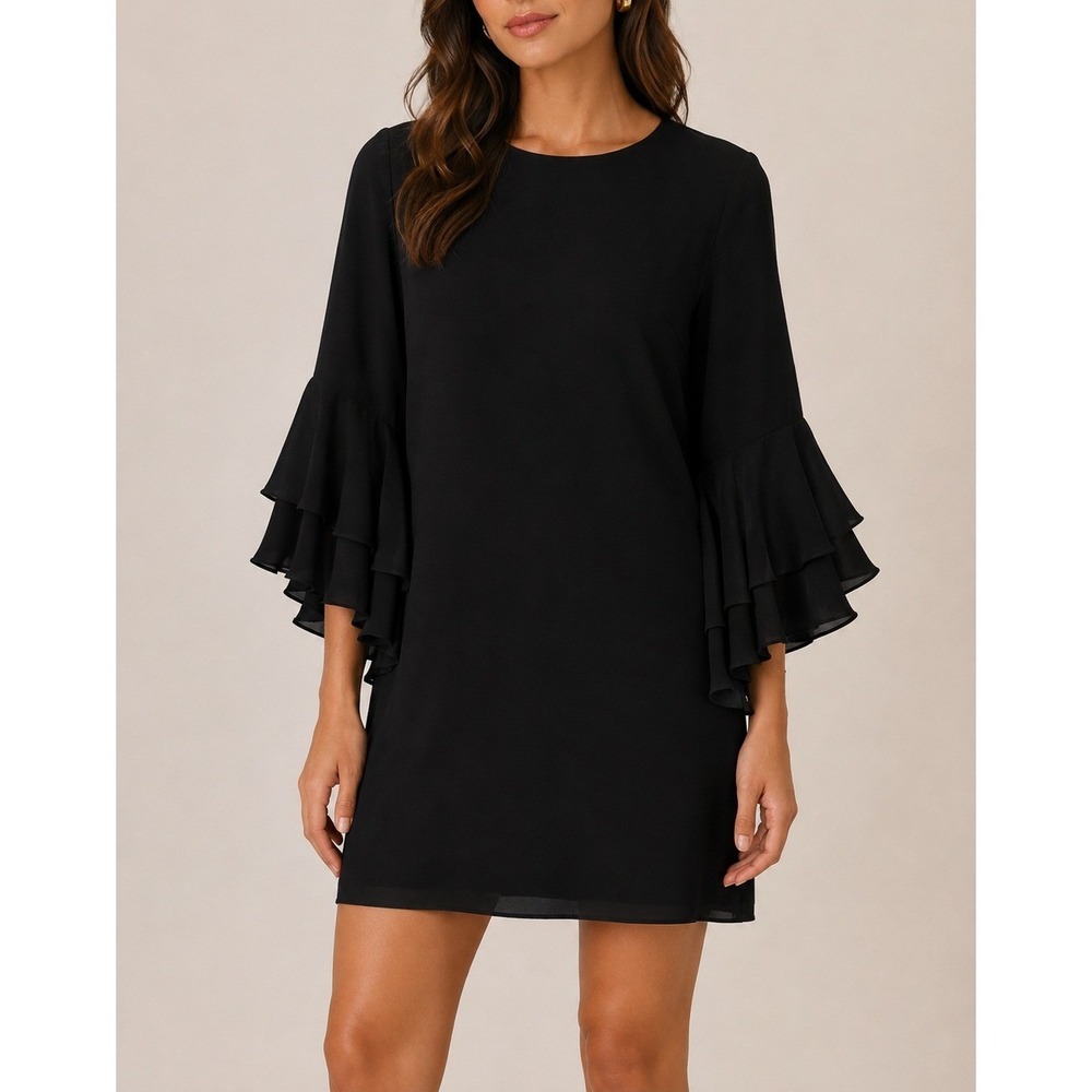 Alexis Ruffle Bell Sleeve Back Shift Mini Dress Black Large